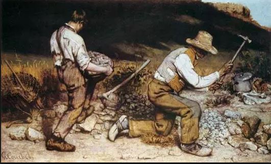 On voit deux casseurs de pierres accroupis représentés avec réalisme.