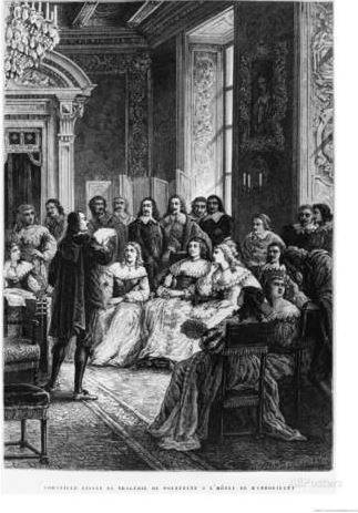 On observe un cercle de la préciosité organisé dans un salon.